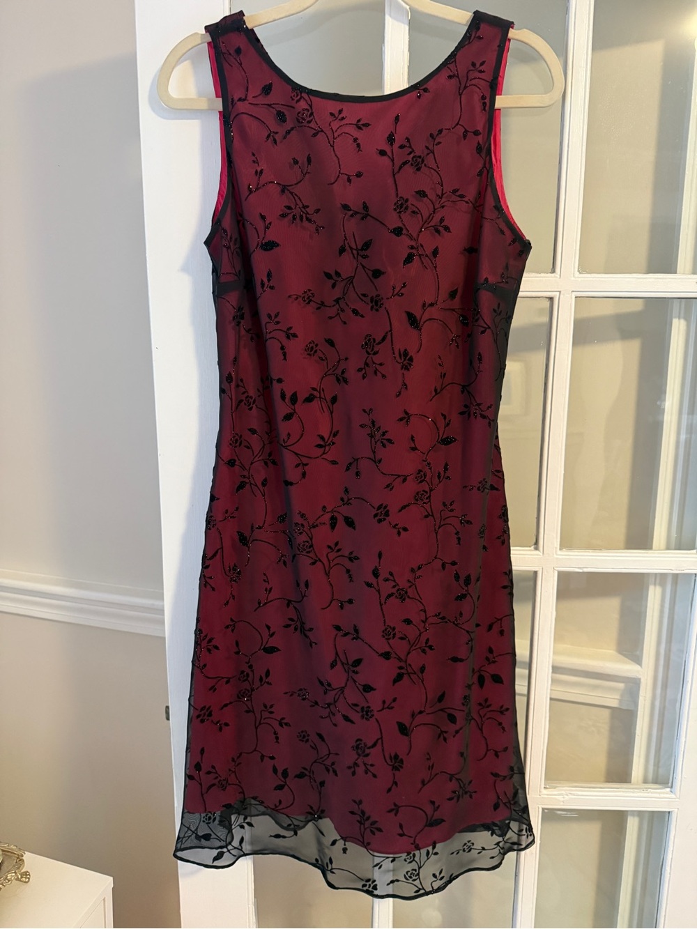 Vintage Chelsea Nites Sleeveless Pink Dress with Black Floral Overlay